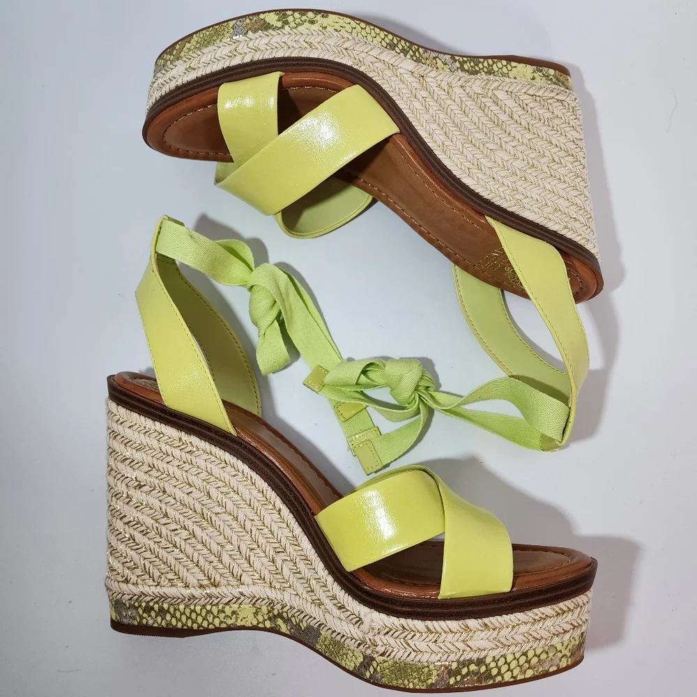 Vince Camuto Pharrah Yellow Green Leather Ankle Tie Espadrille Platform Heels